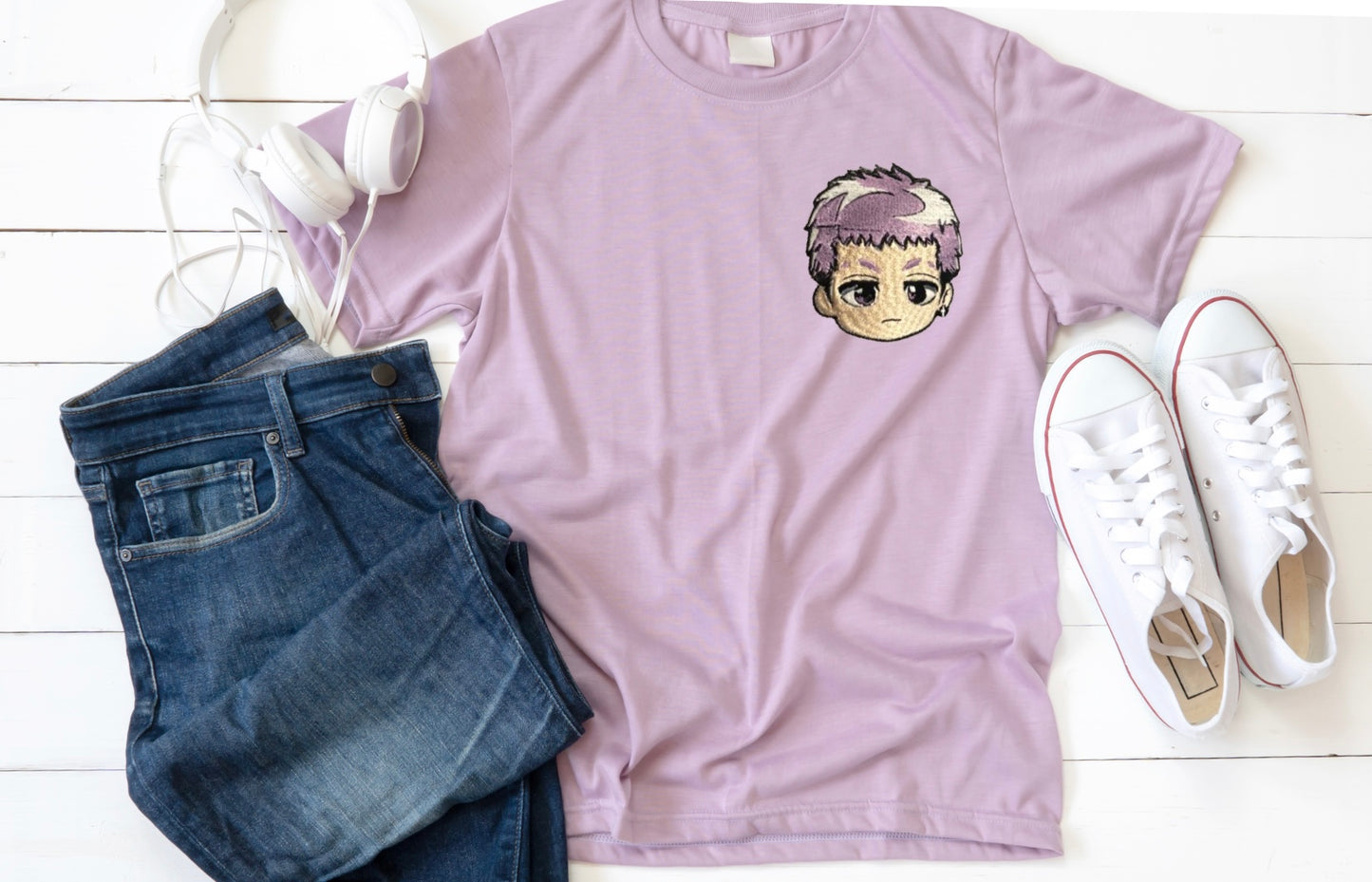 Pink T-shirt featuring an embroidered design of Takashi Mitsuya from Tokyo Revengers.