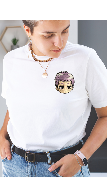 White T-shirt featuring an embroidered design of Takashi Mitsuya from Tokyo Revengers.