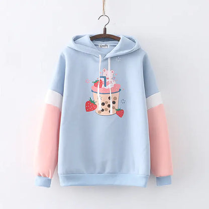 Kawaii Strawberry Boba Bear Hoodie for Women - Cute Anime Pullover