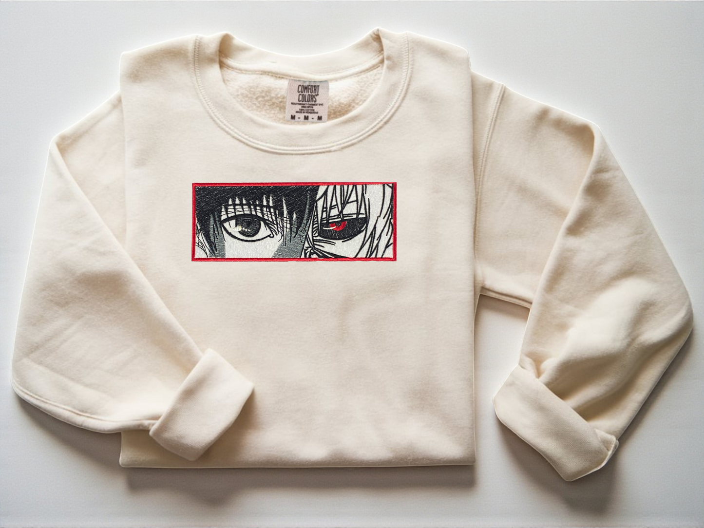 Comfort Colors White Crewneck of Ken Kaneki with eyes shown 