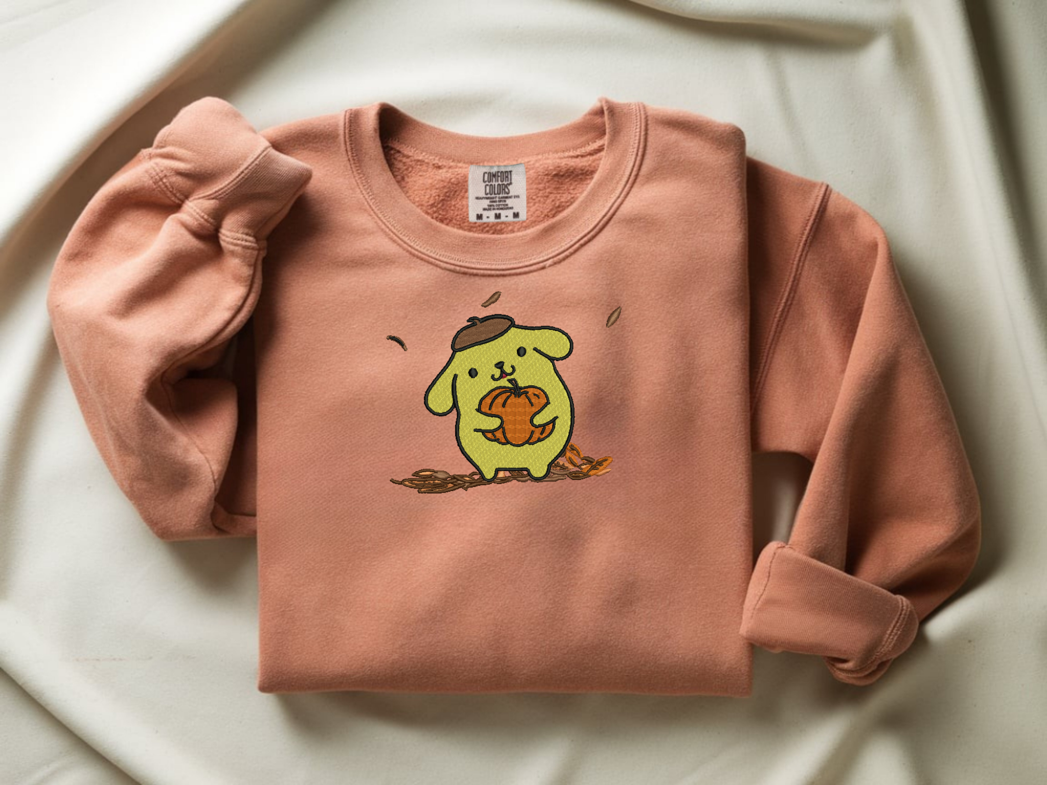 Pompompurin Pumpkin Embroidered Sweatshirt | Comfort Colors® 1566 | Kawaii Fall Crew