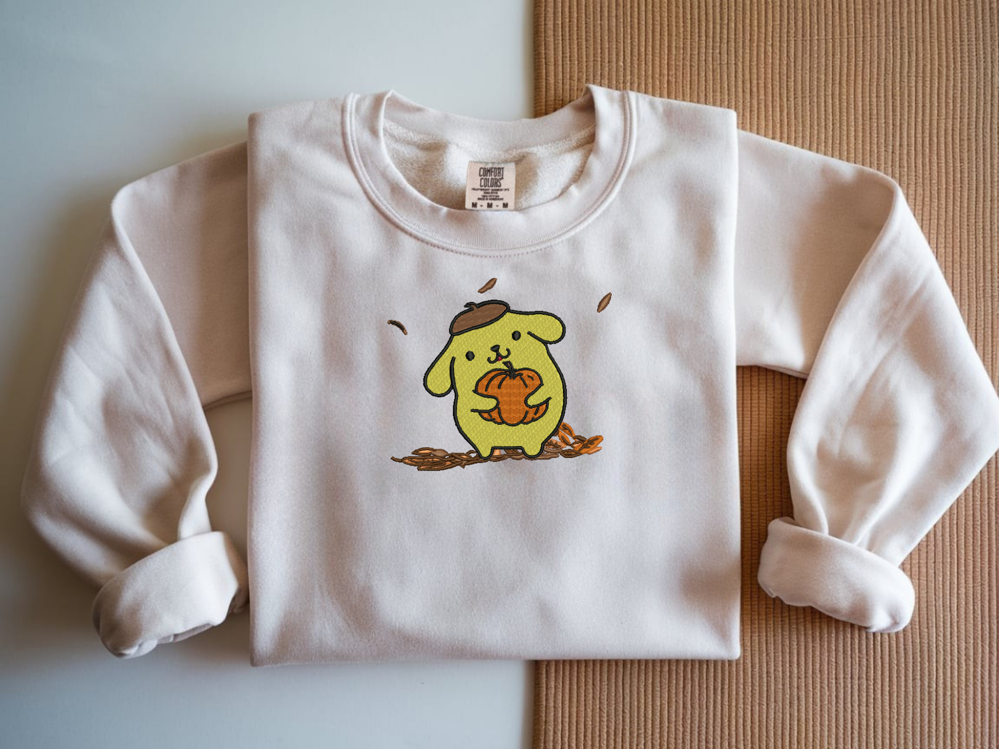 Pompompurin Pumpkin Embroidered Sweatshirt | Comfort Colors® 1566 | Kawaii Fall Crew