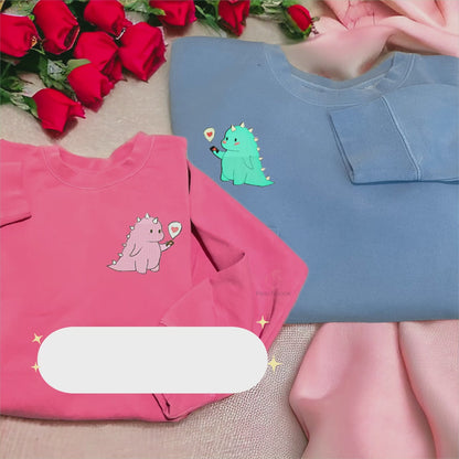 Kawaii Couples Embroidered Dino Crews