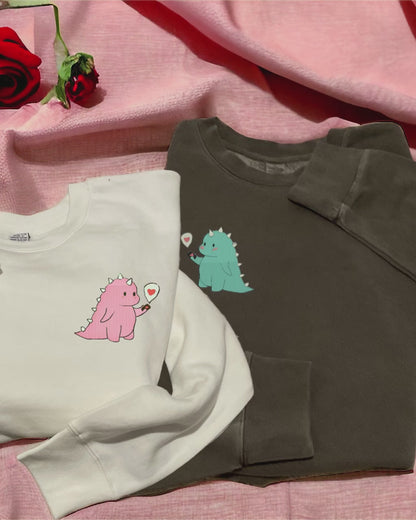 Kawaii Couples Embroidered Dino Crews