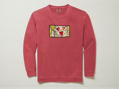Sailor Moon Venus with heart eyes Embroidered Comfort Colors 1566 Watermelon Crewneck