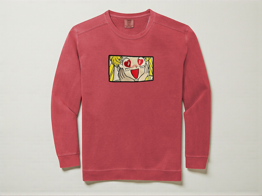 Sailor Moon Venus with heart eyes Embroidered Comfort Colors 1566 Watermelon Crewneck