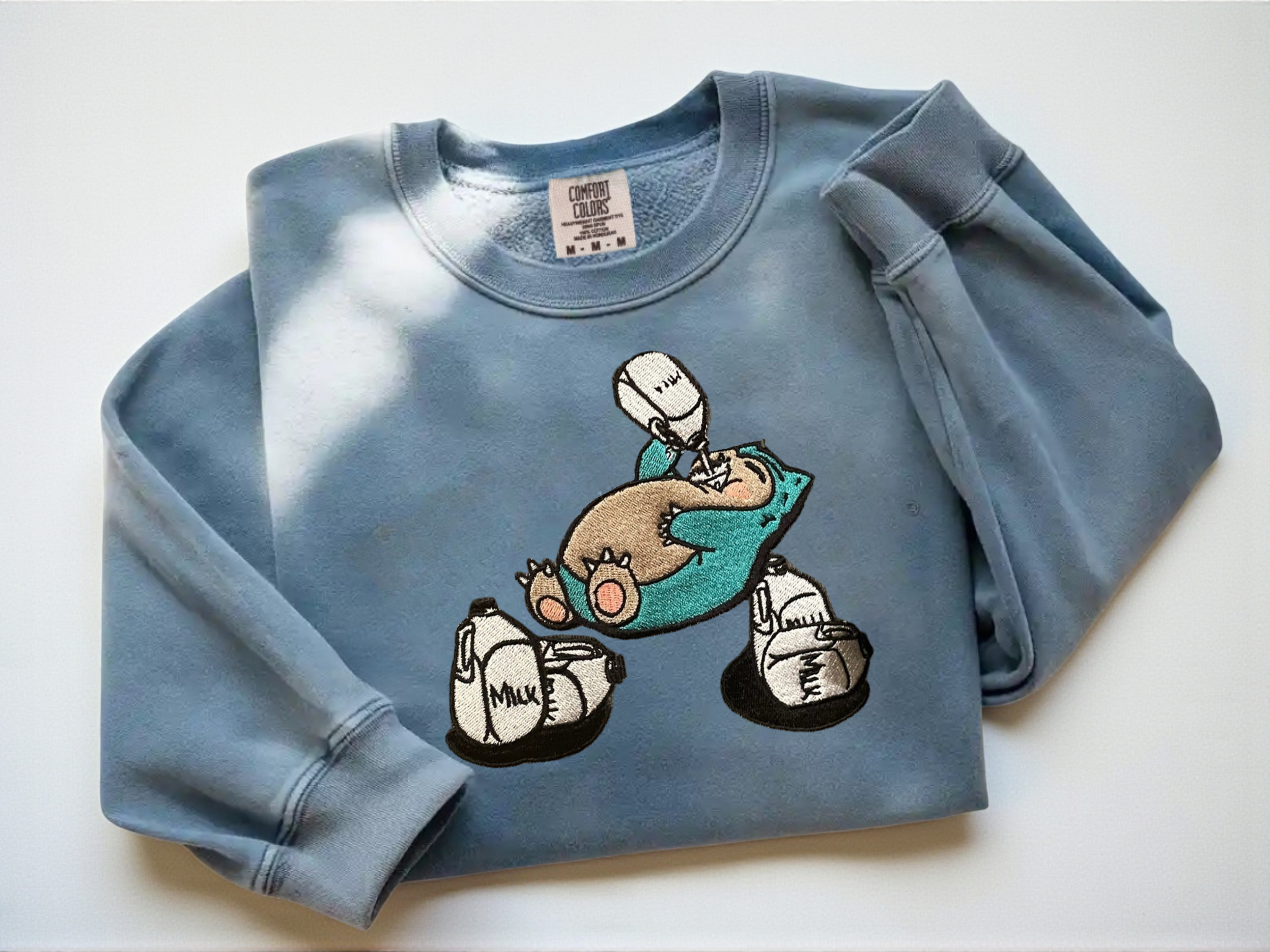 Embroidered Snorlax & Milk Sweatshirt | Cute Anime Sleeping Pokemon Crewneck
