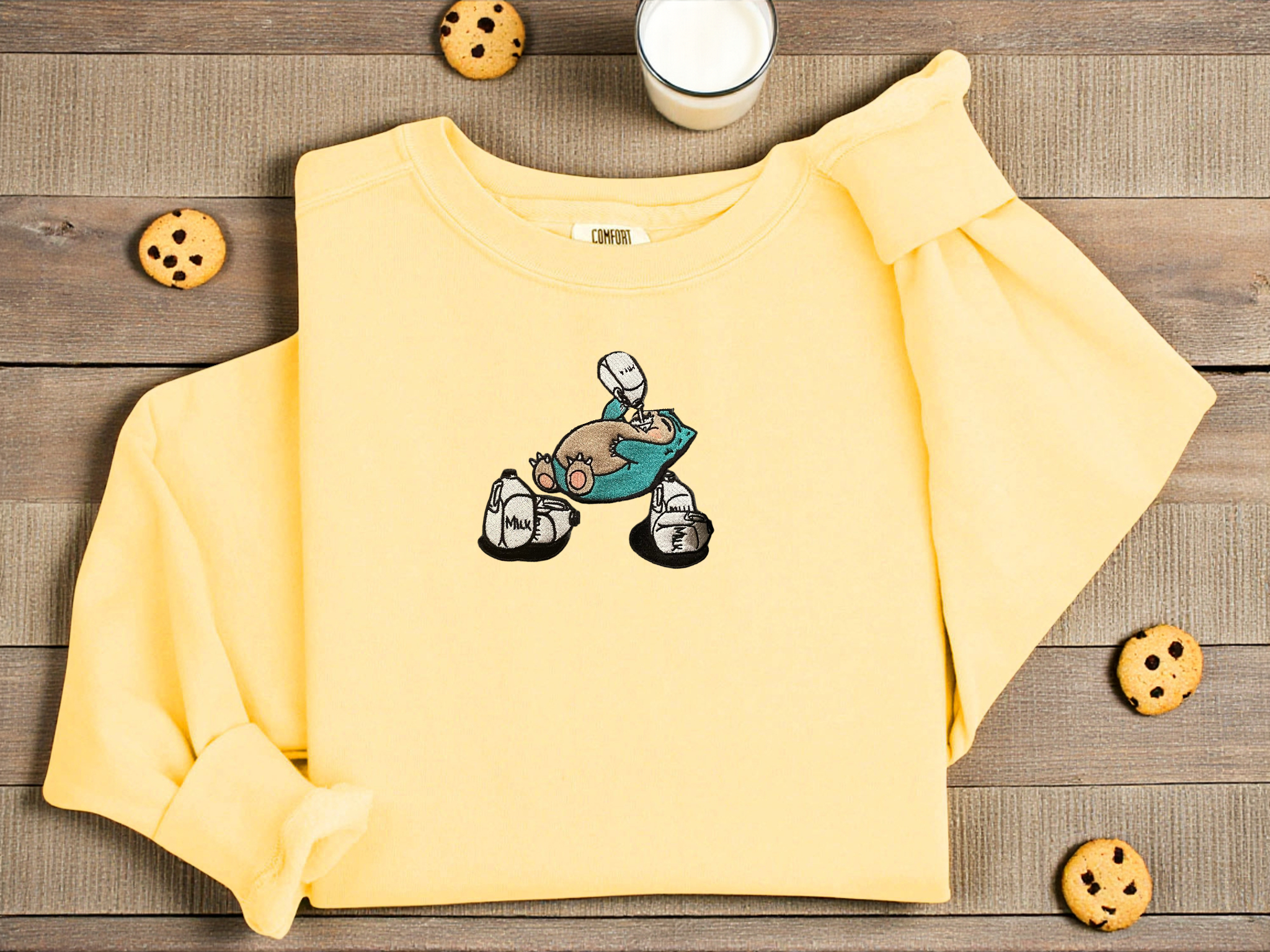 Embroidered Snorlax & Milk Sweatshirt | Cute Anime Sleeping Pokemon Crewneck